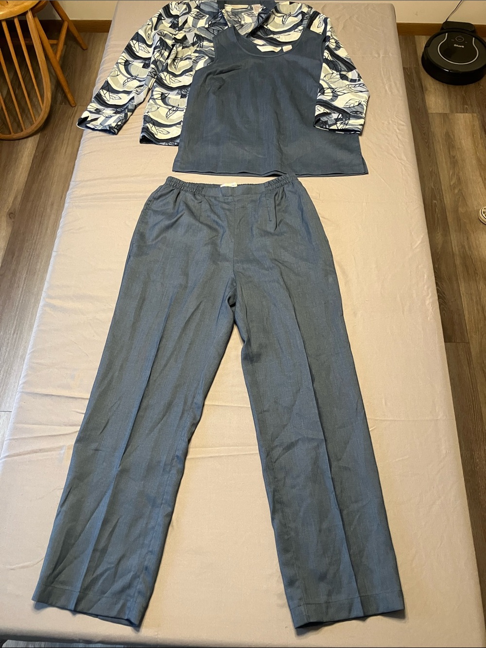 Three-Piece Blue Linen-Blend Set with Printed Jacket - PS